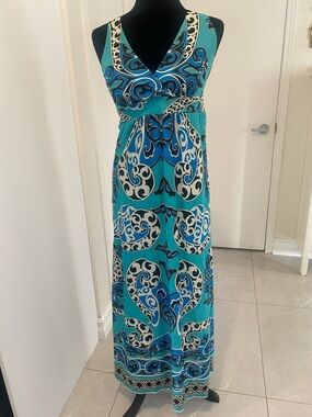 INC Sleeveless V-Neck Maxi lightweight summer teal & blue summer dress